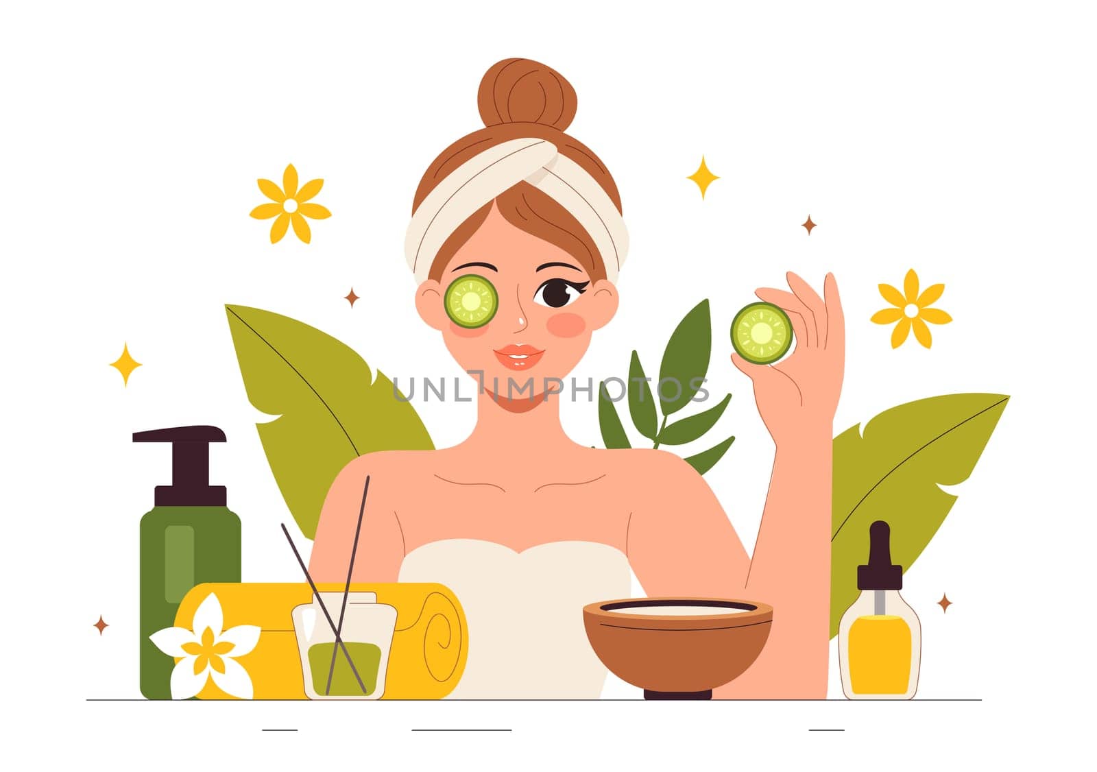 Illustration of Spa Beauty and Health featuring Natural Cosmetics and Eco Friendly Products for Problematic Skin or Facial Treatments in a Women