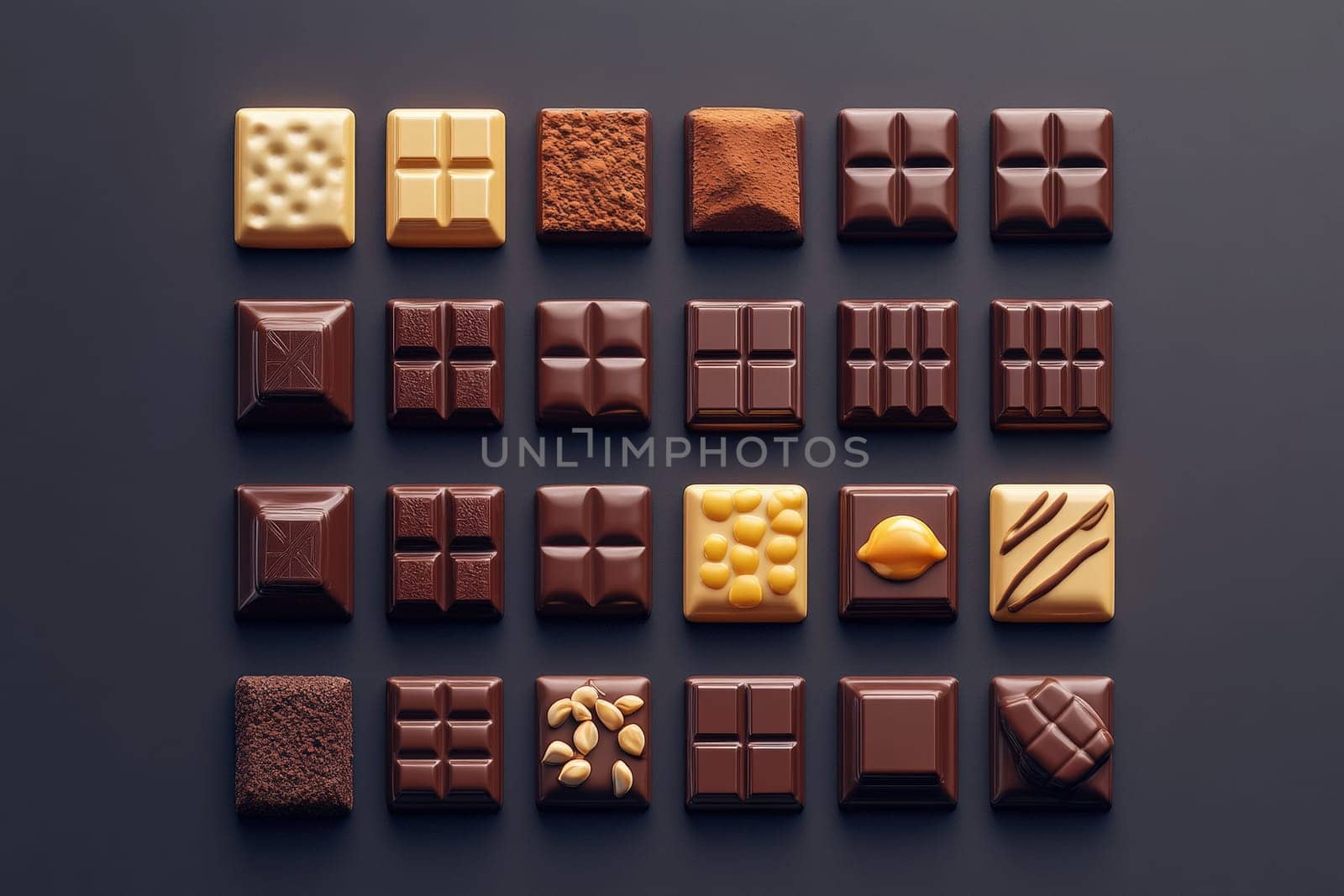 Various chocolate pieces are artistically arranged in a minimalist style on a dark background, showcasing their unique shapes and textures. Each piece highlights a different chocolate flavor.