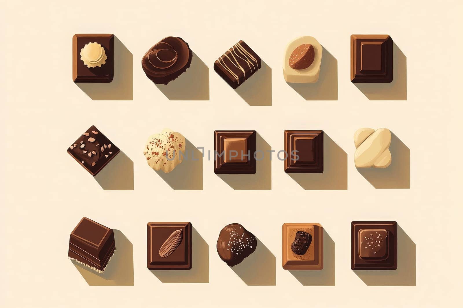 A collection of minimalist chocolate flavor icons showcases various types of chocolates on a clean, light surface. Each piece features unique designs and textures that highlight their flavors.