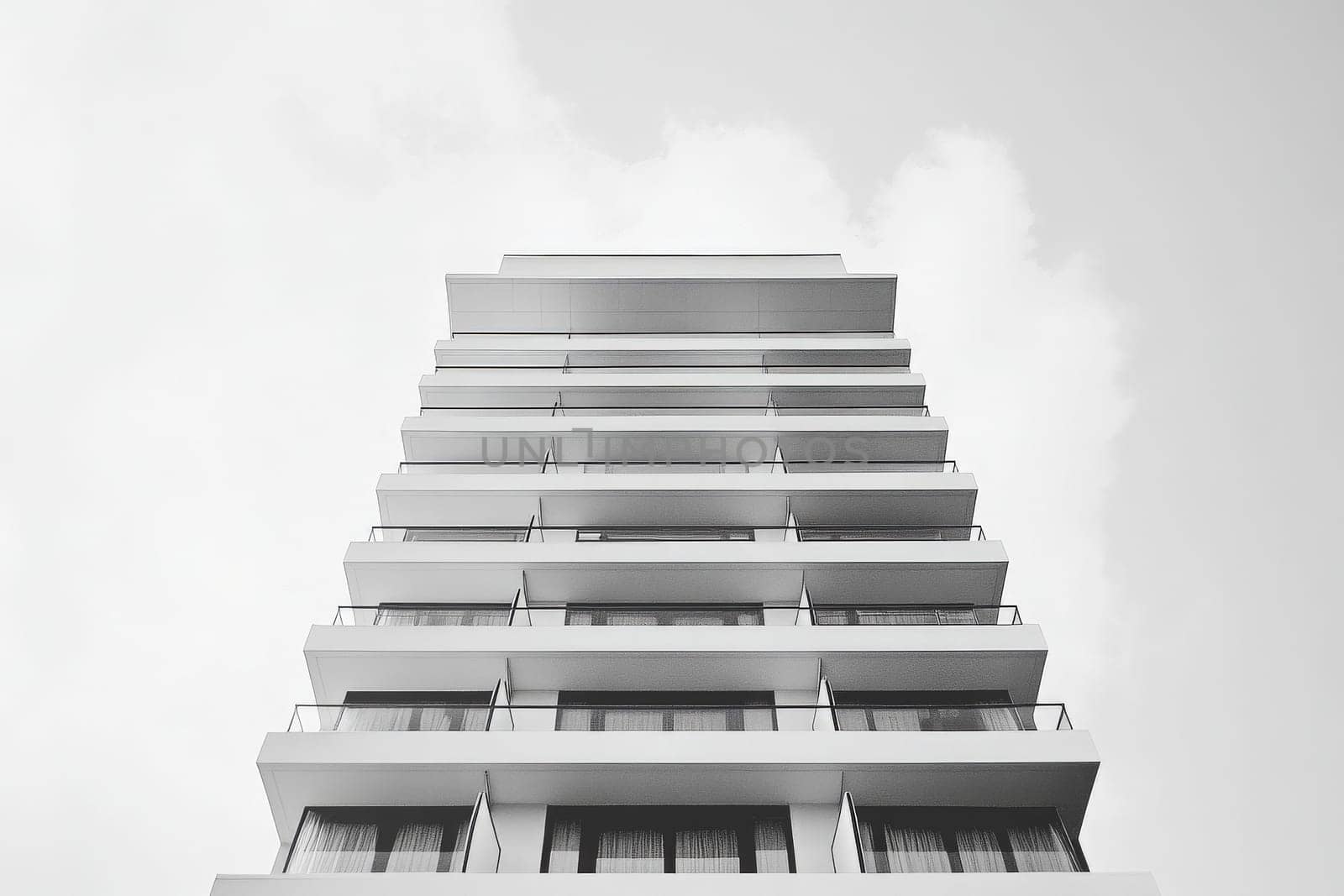 A sleek, minimalist hotel stands imposingly against a cloudy sky, featuring smooth lines and open balconies. Its architectural design emphasizes simplicity and elegance in urban accommodation.