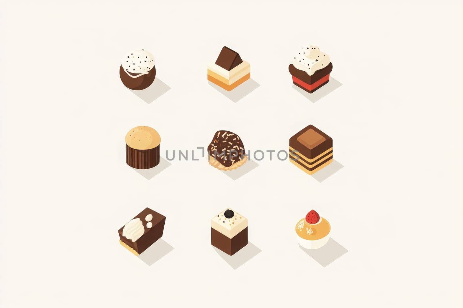 A collection of nine minimalist dessert icons showcases various chocolate-themed treats arranged neatly. The design emphasizes clean lines and appealing details that highlight each unique dessert.