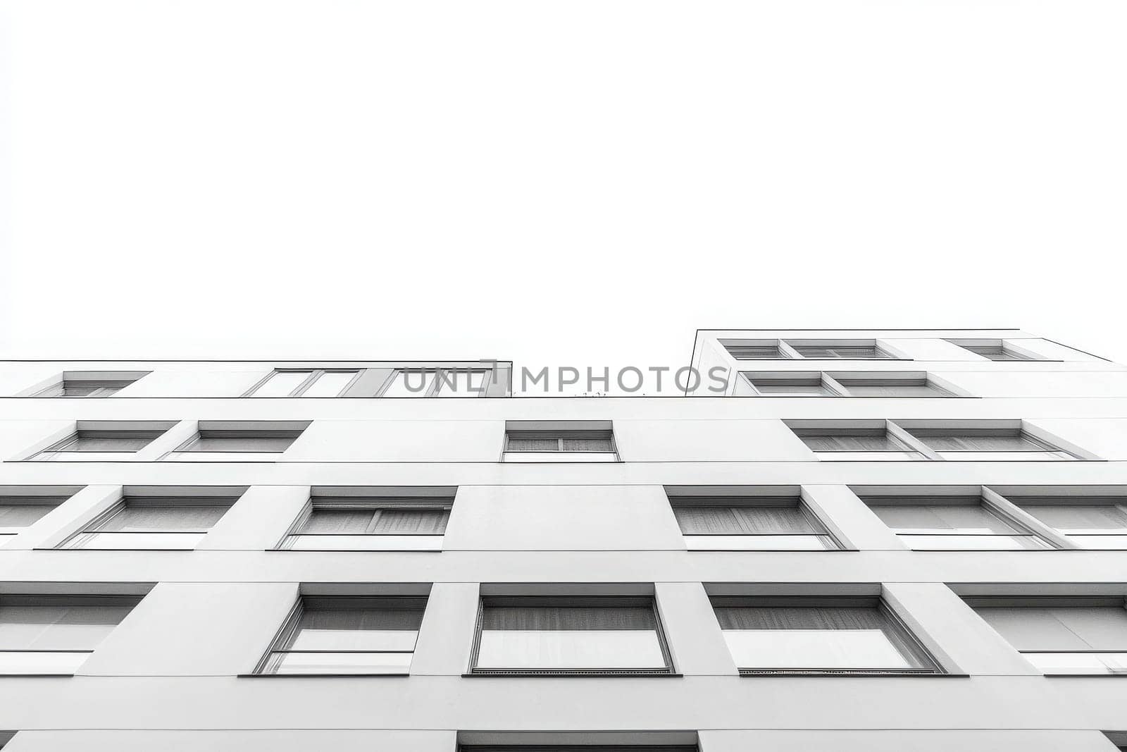 A modern hotel building showcases a minimalist design, featuring a sleek white facade and large windows. The straight lines and symmetry create a visually appealing structure under a clear sky.