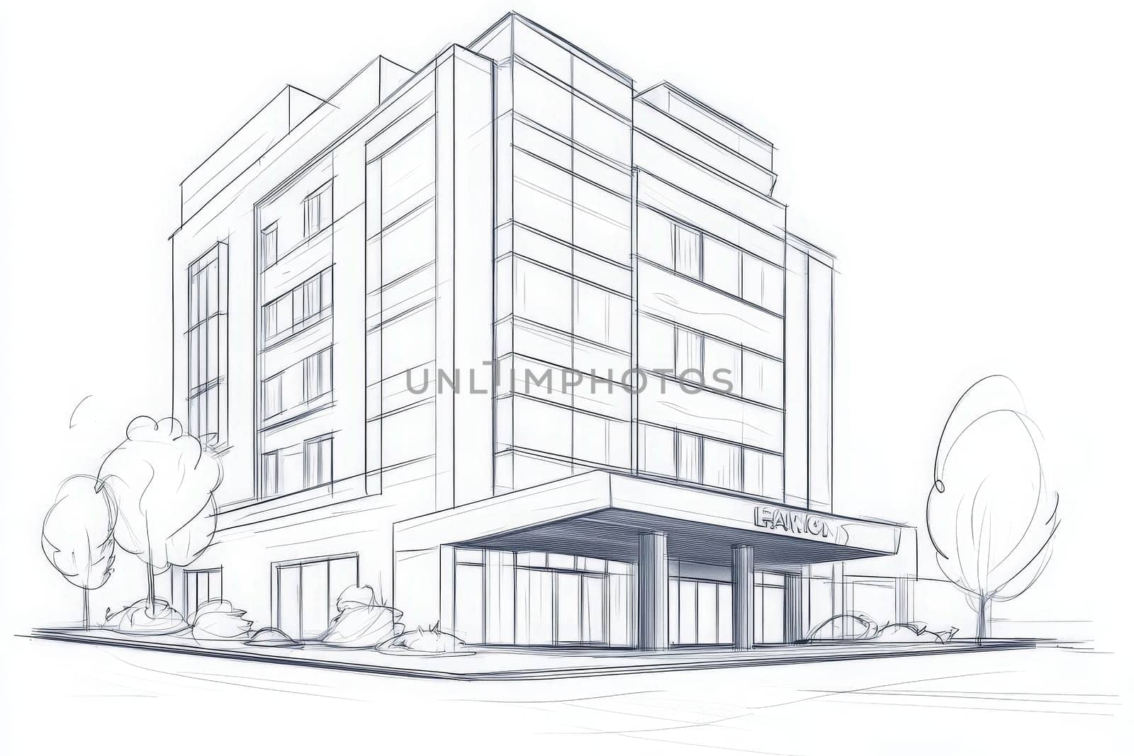 This minimalist hotel building features a modern design with clean lines and a welcoming entrance. Surrounded by greenery, it provides a serene atmosphere in an urban environment.