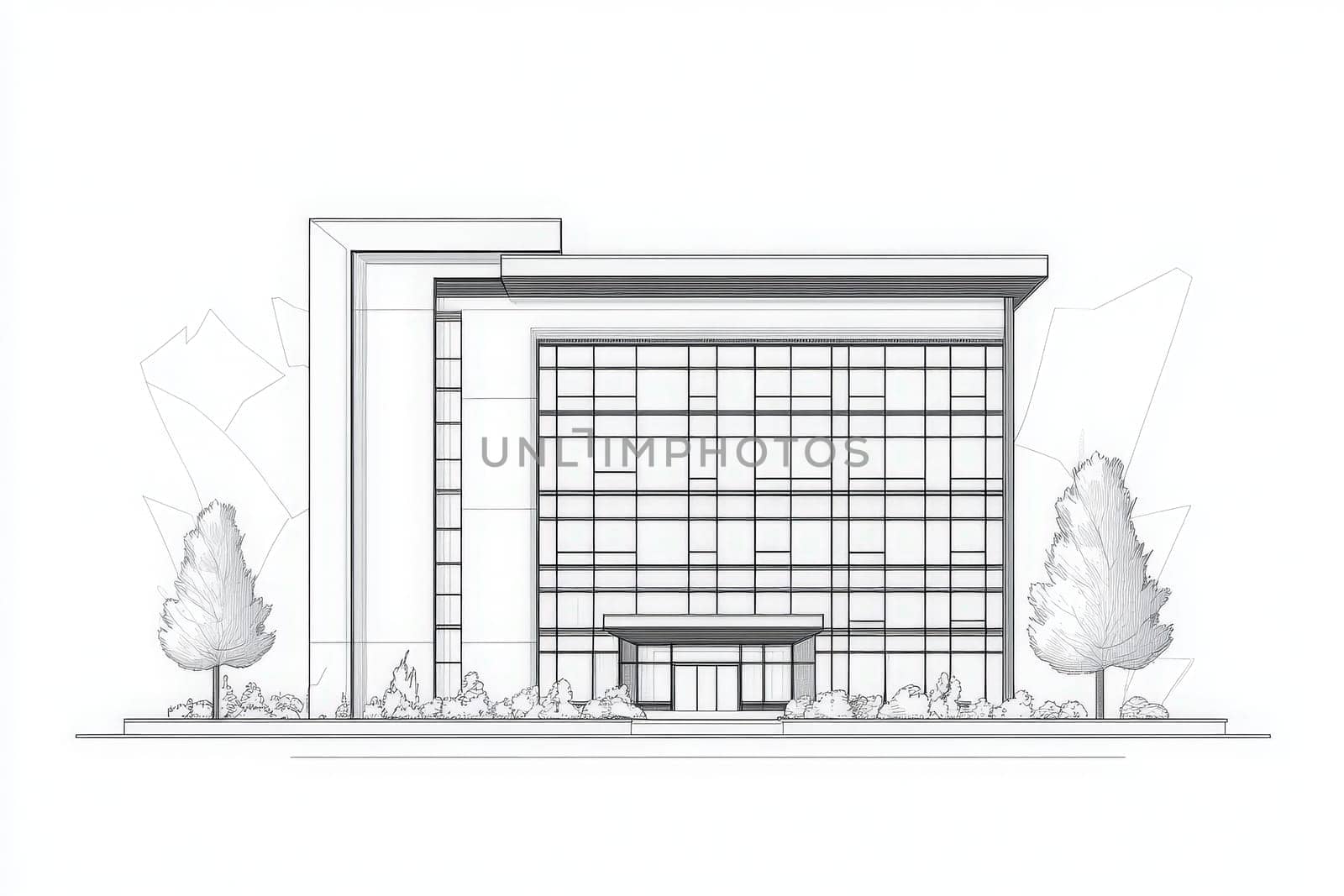 The outline features a minimalist hotel design with large glass windows and a landscaped entrance.