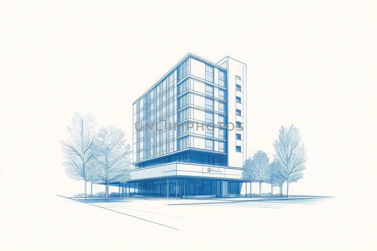 This minimalist hotel design features clean architectural lines and a contemporary aesthetic, situated in an urban area surrounded by trees and open space, emphasizing a blend of nature and modernity.