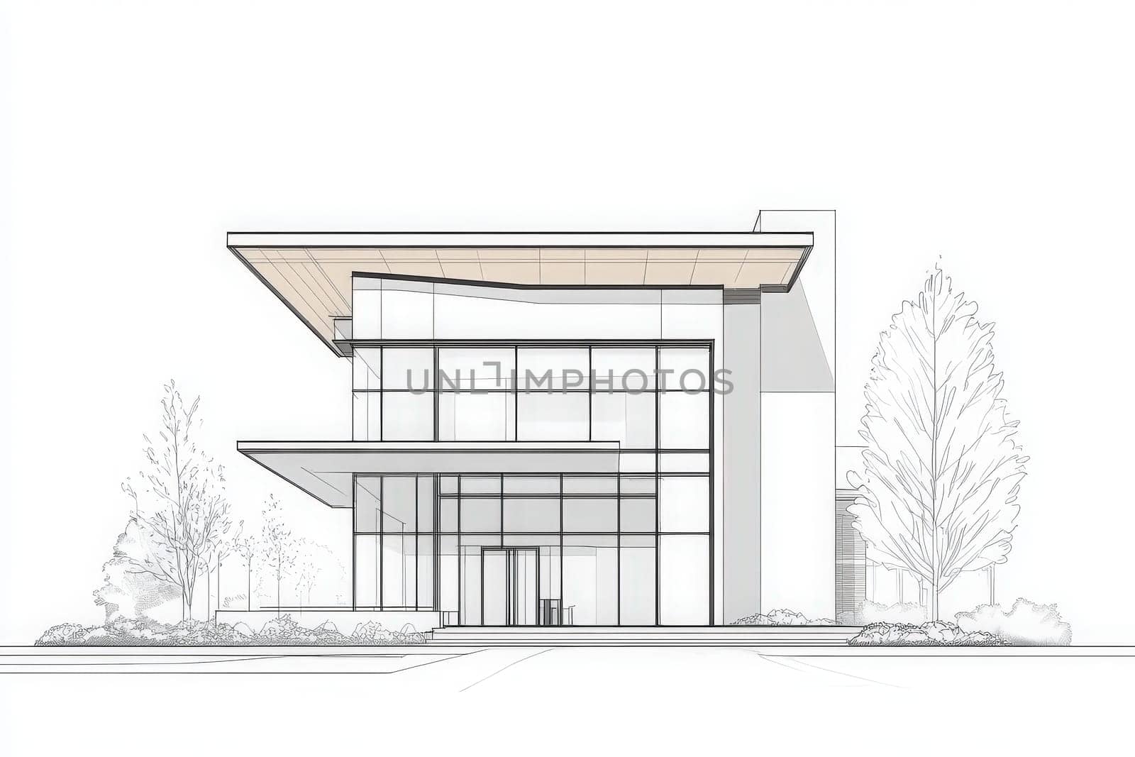A minimalist hotel exterior design featuring large glass windows and a sleek wooden overhang. The modern architecture emphasizes clean lines and simplicity, showcasing an inviting entrance.