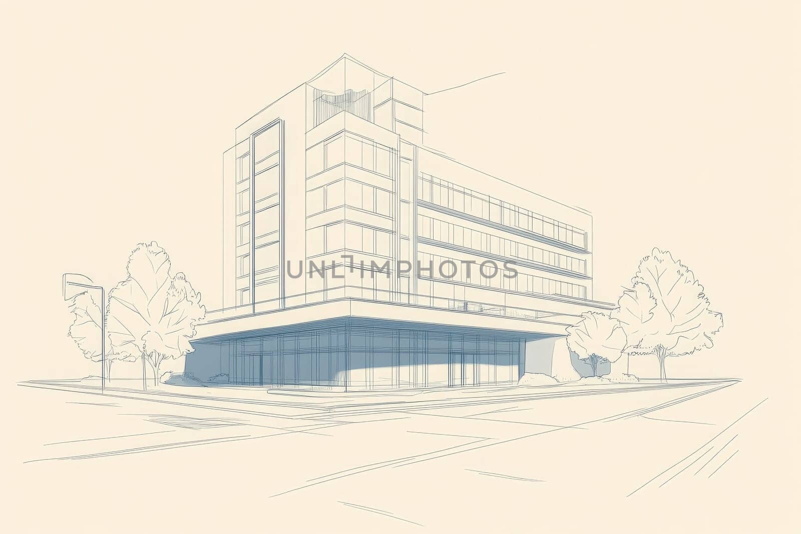 The outline of a minimalist hotel emerges with clean architectural lines against a serene backdrop. This modern structure features large windows and a simple geometric form, emphasizing elegance.