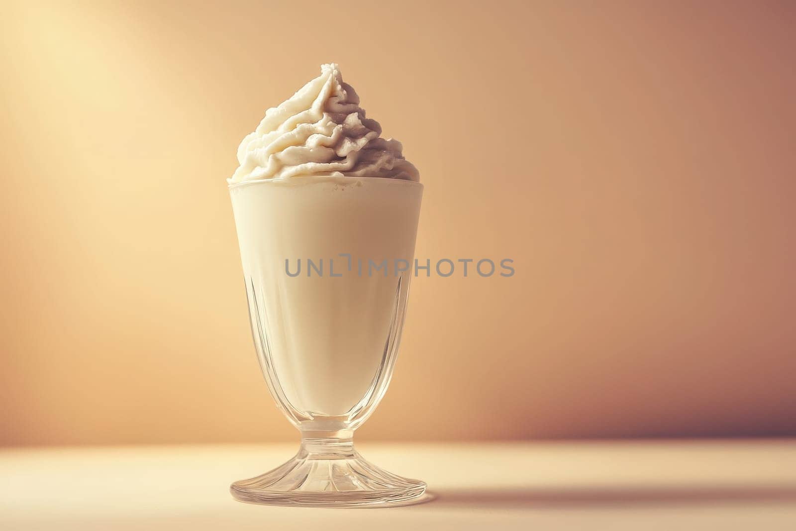 The elegant milkshake glass stands tall, filled with creamy, chilled liquid and topped with a swirl of whipped cream, all set against a softly lit, warm background.