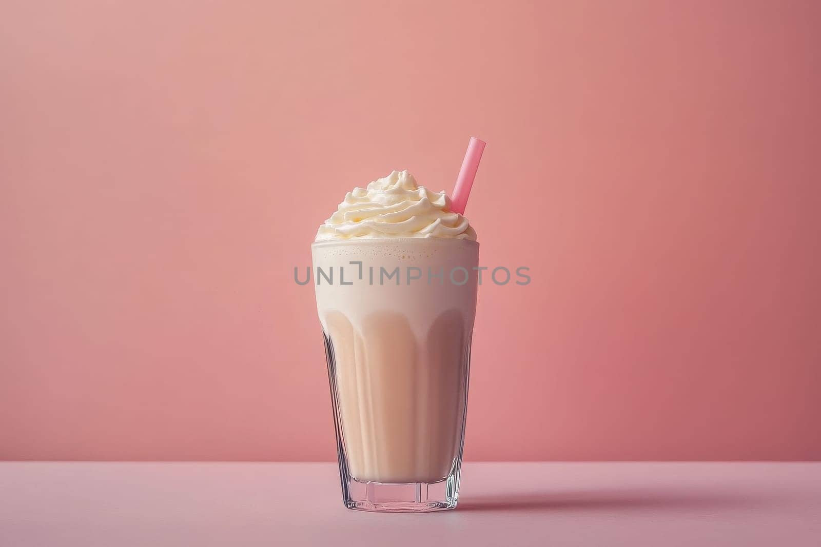 The glass showcases a creamy milkshake topped with indulgent whipped cream and garnished with a pink straw. Set against a soft pink backdrop, this aesthetic creates a calming atmosphere.