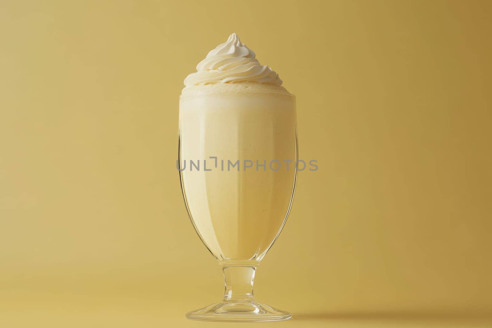 This glass features a smooth, creamy milkshake topped with a generous swirl of whipped cream, set against a bright yellow backdrop. The simplicity draws attention to the delightful dessert.