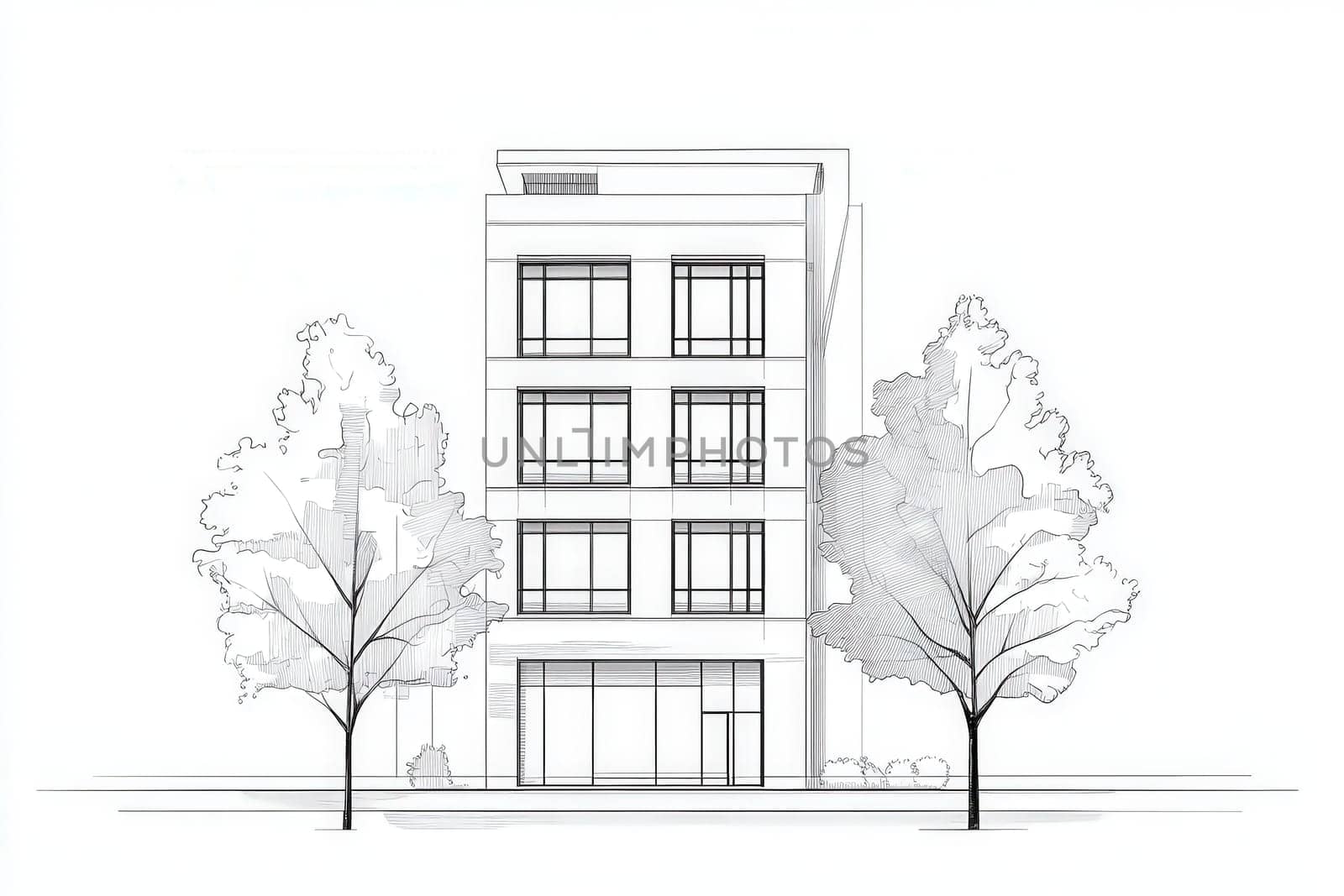 The illustration presents a sleek, minimalist hotel building design, showcasing a modern architectural style with large windows and surrounding trees, emphasizing a clean aesthetic.