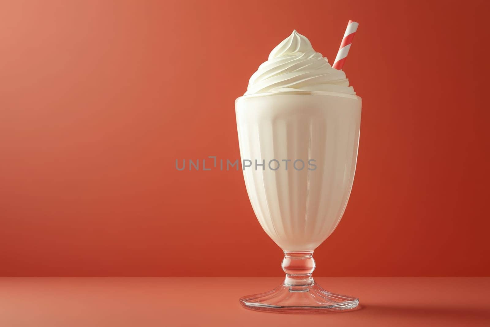 A tall, elegant milkshake glass showcases a thick, creamy treat topped with a fluffy swirl of whipped cream. A striped straw peeks out against a smooth, orange backdrop.