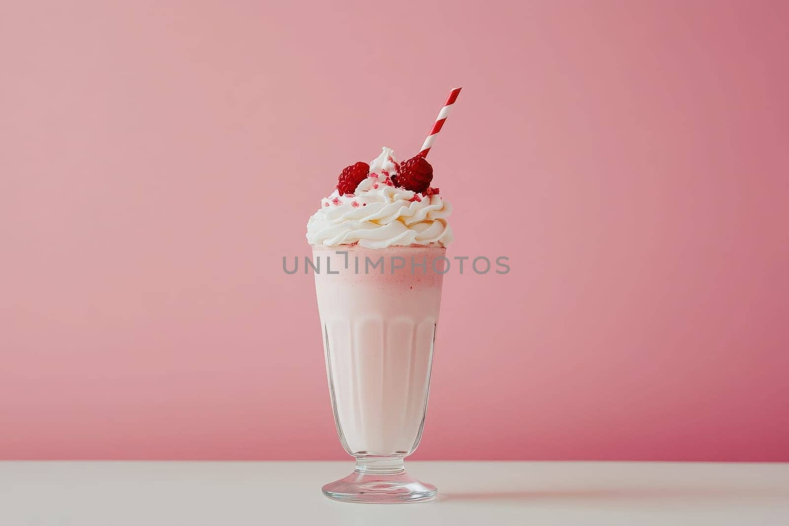 This milkshake glass showcases a smooth pink shake topped with whipped cream and fresh raspberries, paired with a red straw, all against a soft pink background for a charming minimalist look.