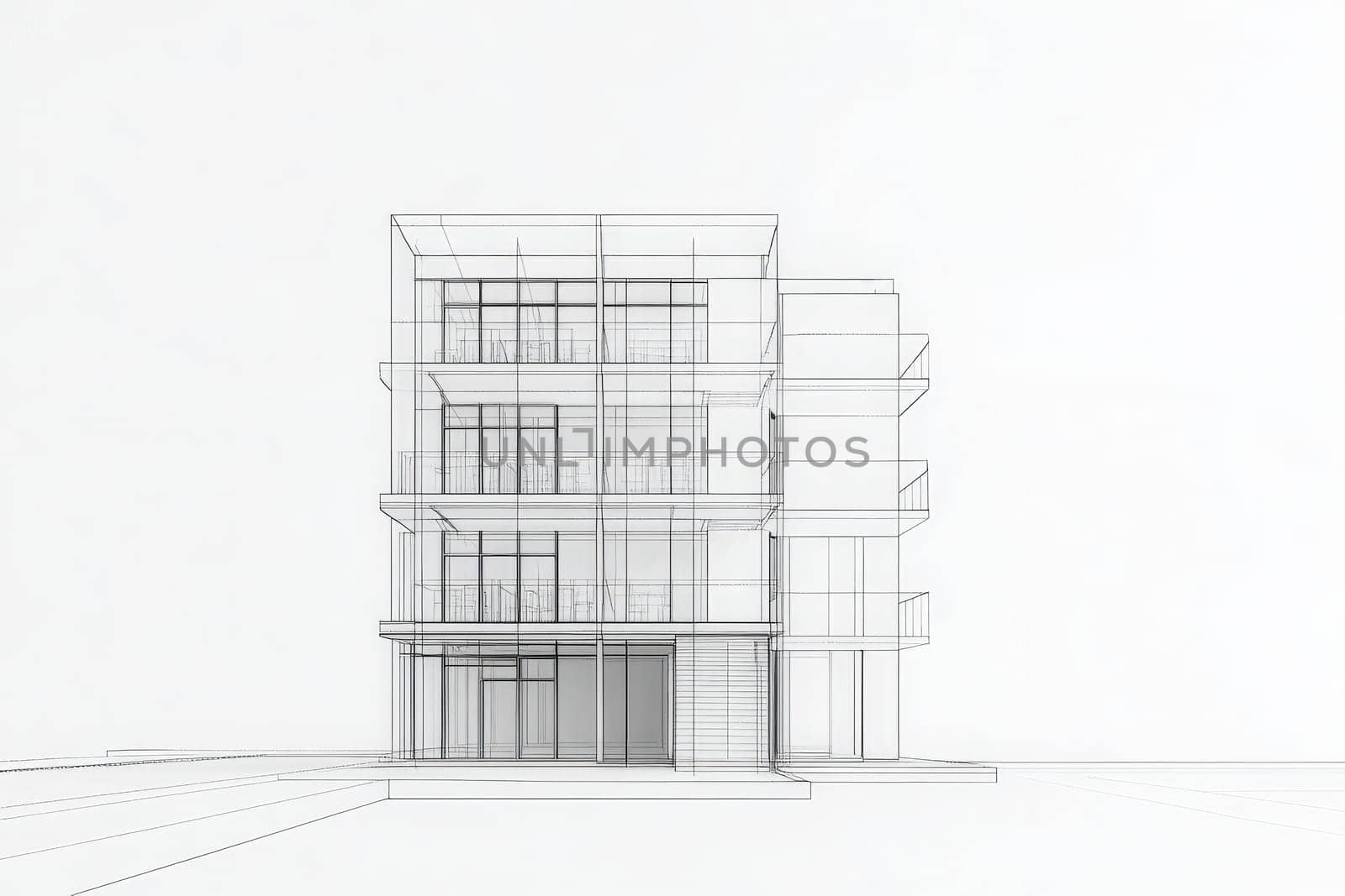 The outline of a minimalist hotel building emphasizes clean lines and a contemporary aesthetic. This design features multiple levels with expansive windows and a spacious terrace area.