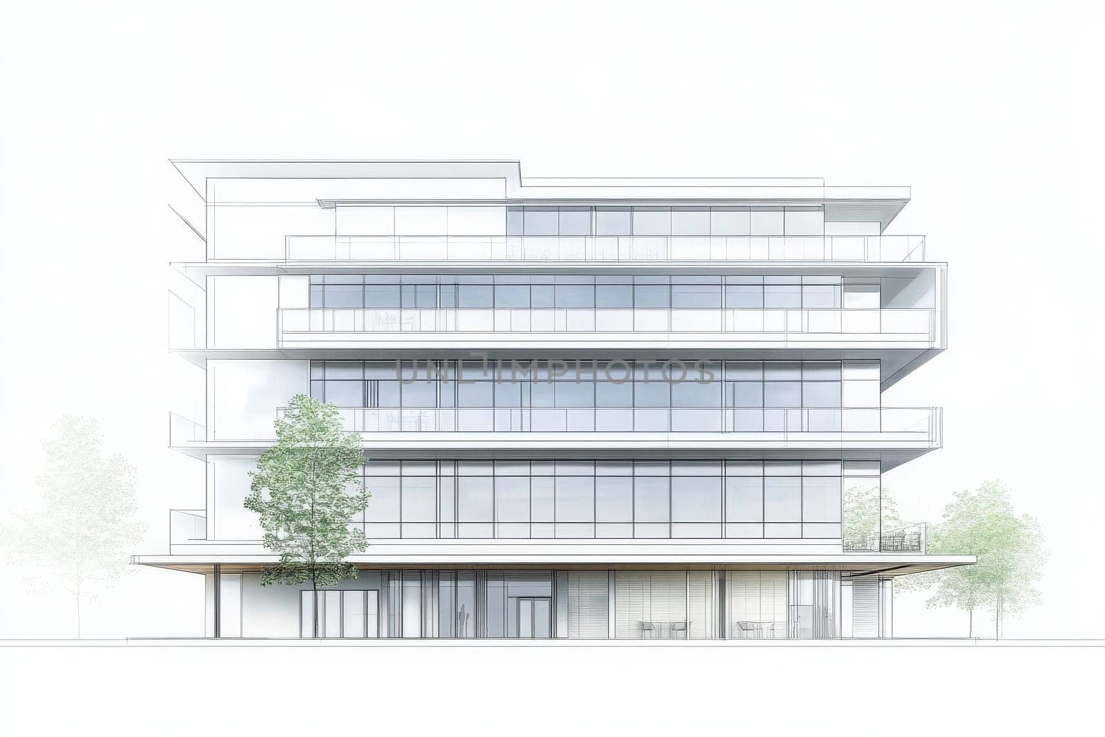 This minimalist hotel building features a sleek design with expansive glass windows and multiple terraces. The clean lines emphasize simplicity, creating an inviting atmosphere in a tranquil setting.