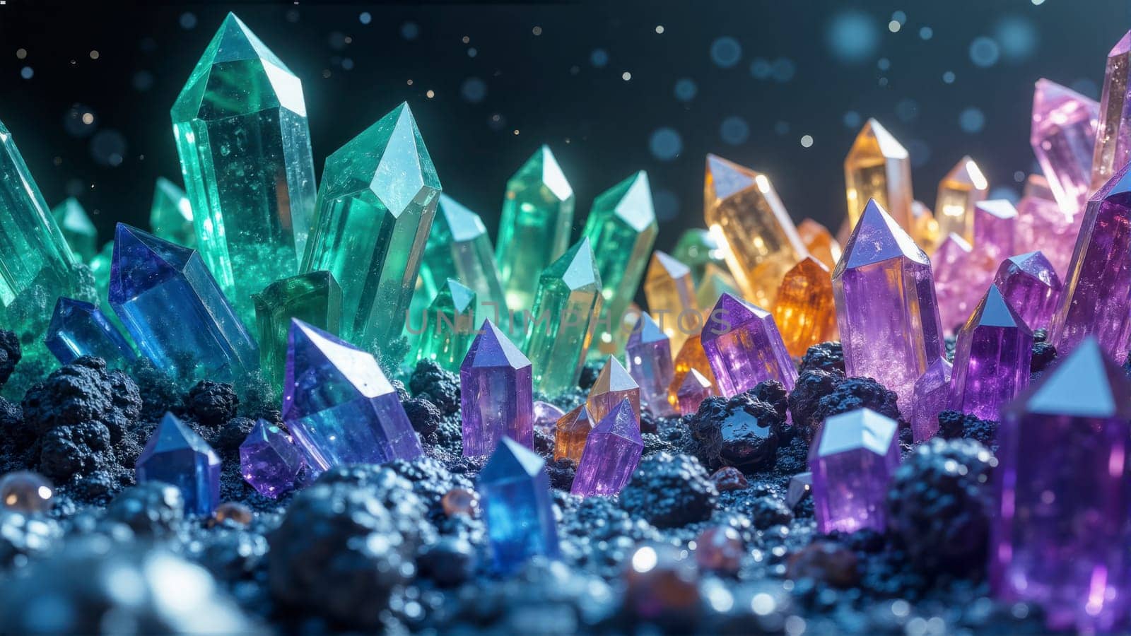 A colorful array of crystals on a rocky surface. The colors are vibrant and the arrangement is visually striking