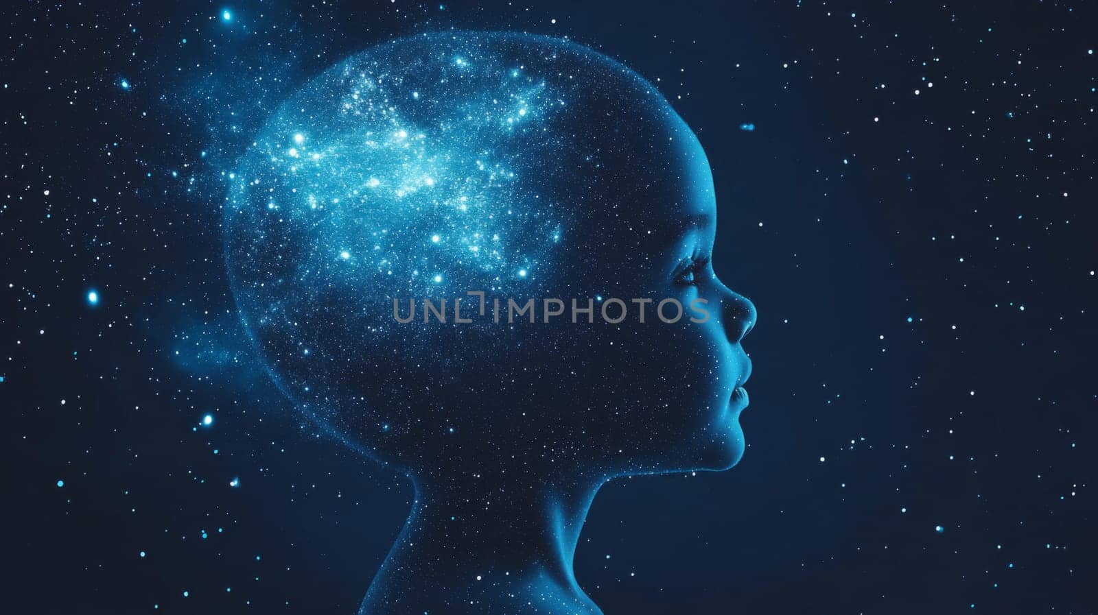 Child silhouette with stars in head, concept of imagination, dreams and universe, dark blue background, AI Generated