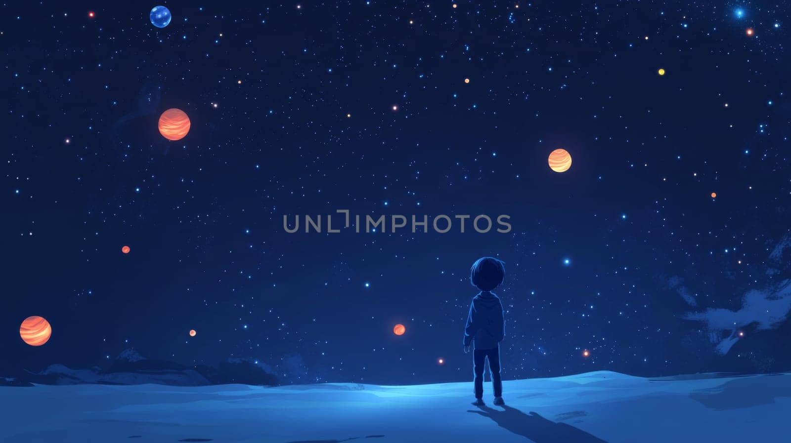 Boy looking at stars in night sky, concept of children dreams and fantasies, AI Generated