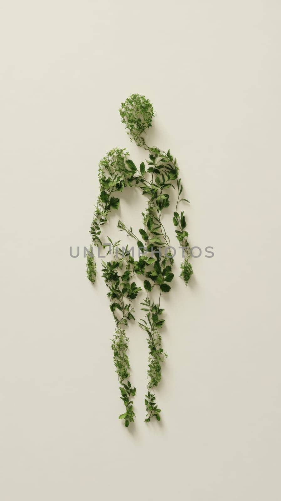 Human figure made of green leaves on plain background, concept of nature and ecology, AI Generated