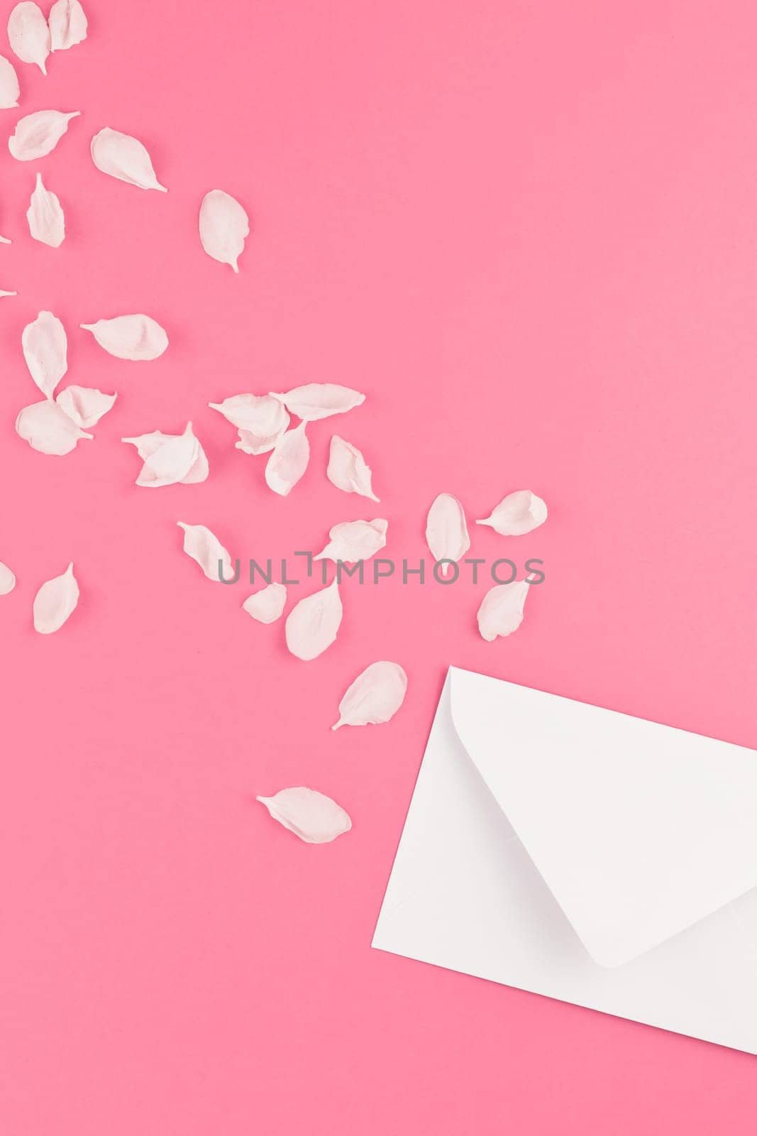 Creative flat lay concept top view of blank letter mock up and apple tree flowers petals on pastel pink background with copy space in minimal style, template for text