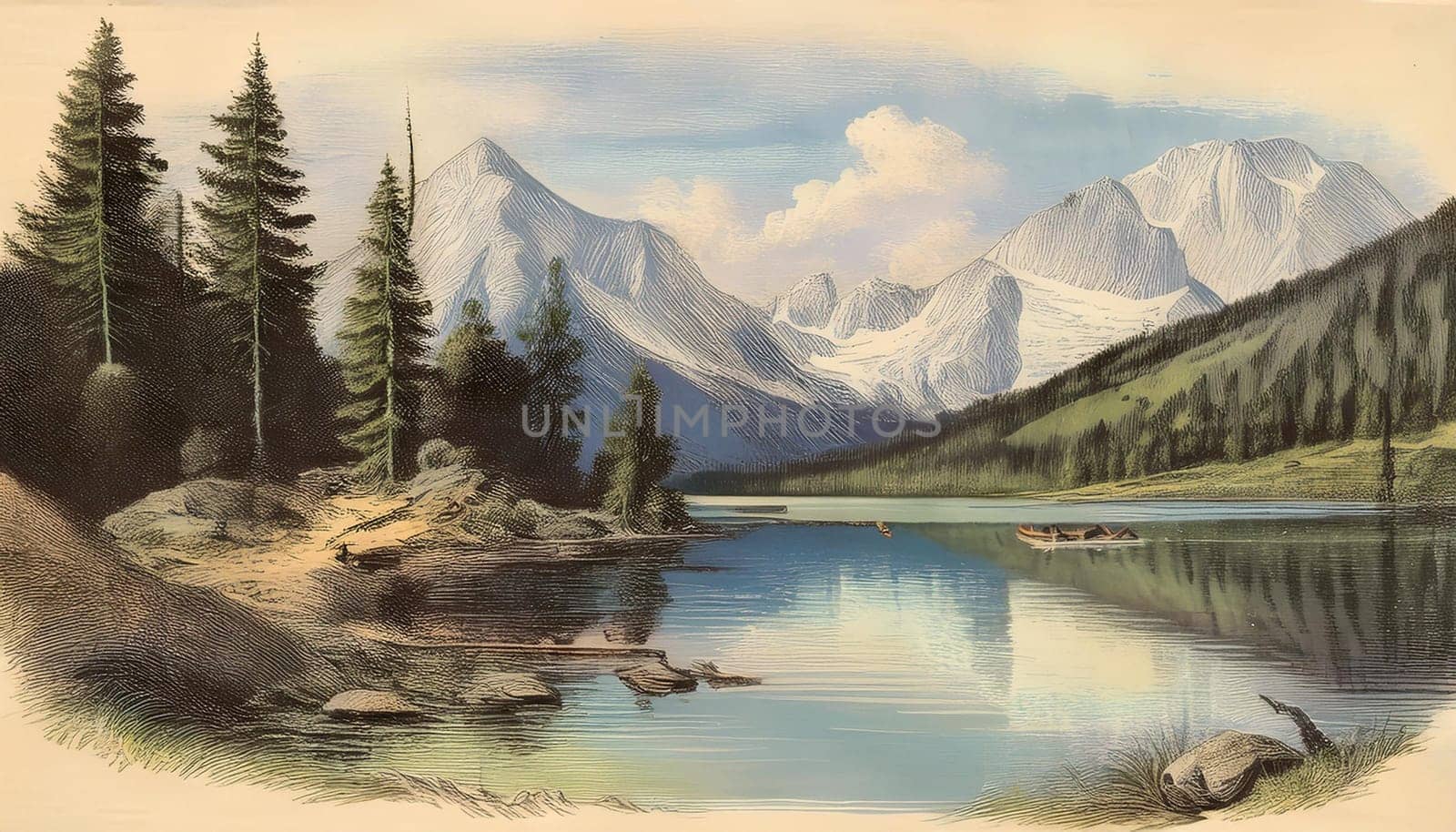 vintage alpine mountain lake scenery drawing, AI generated image