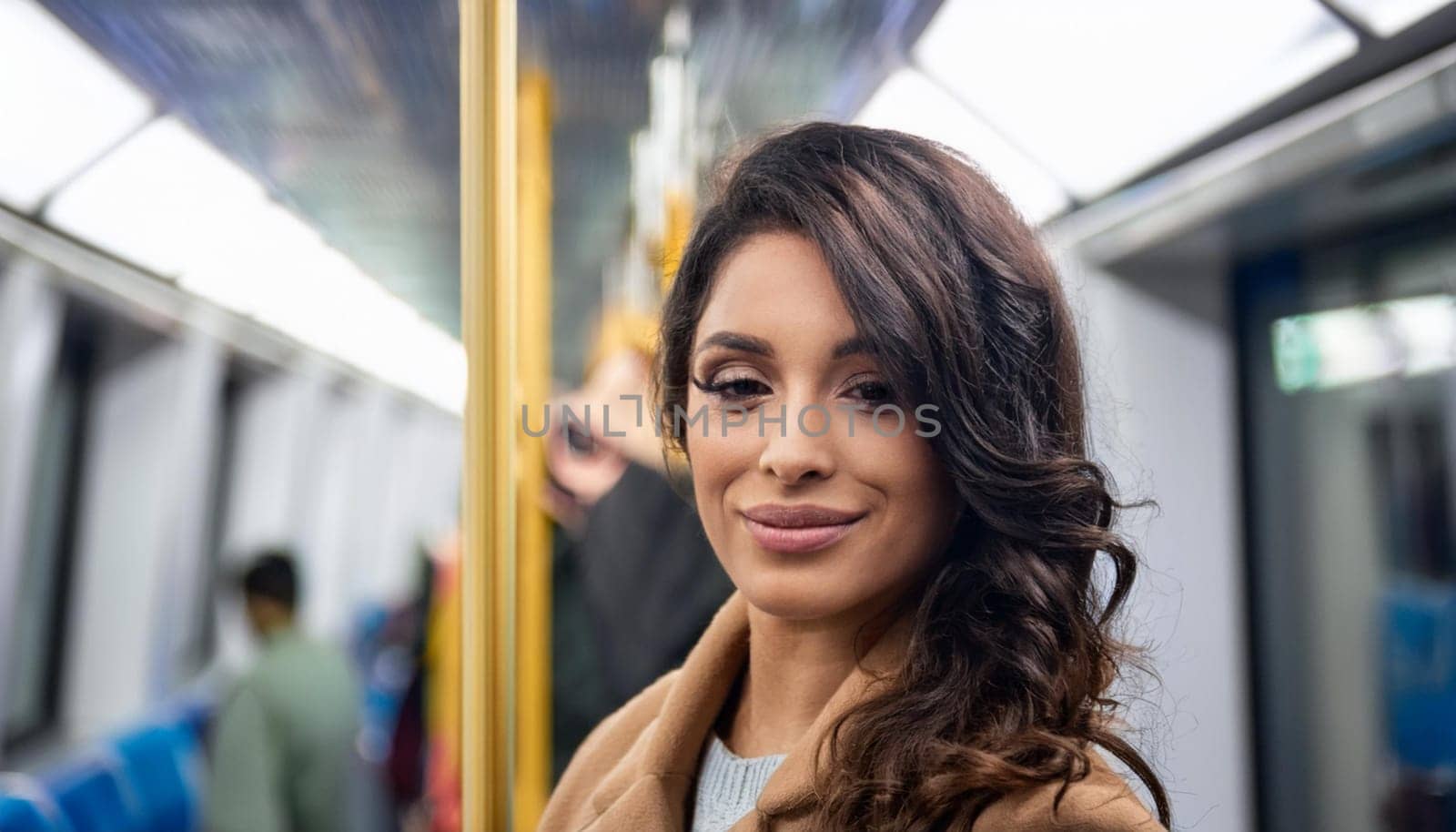 gorgeous young woman on subway train, AI generated image