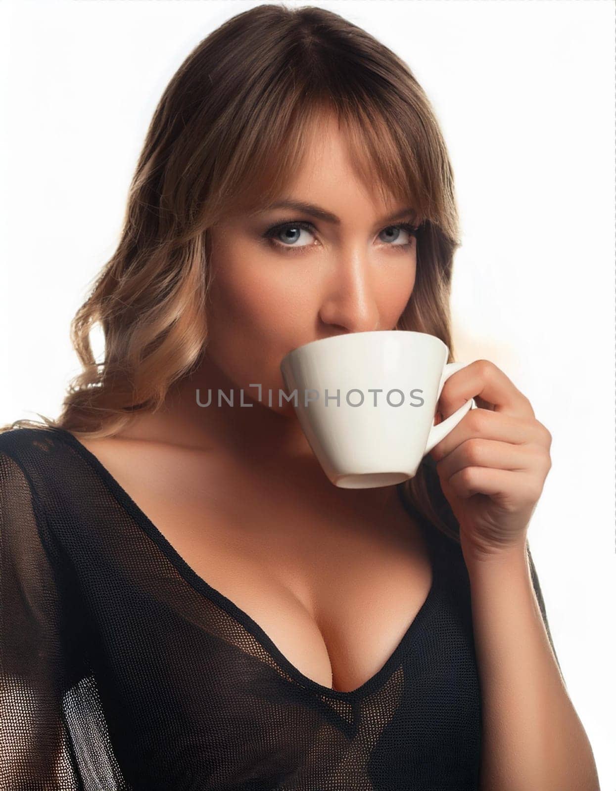 pretty young woman drinking coffee or tea, AI generated image