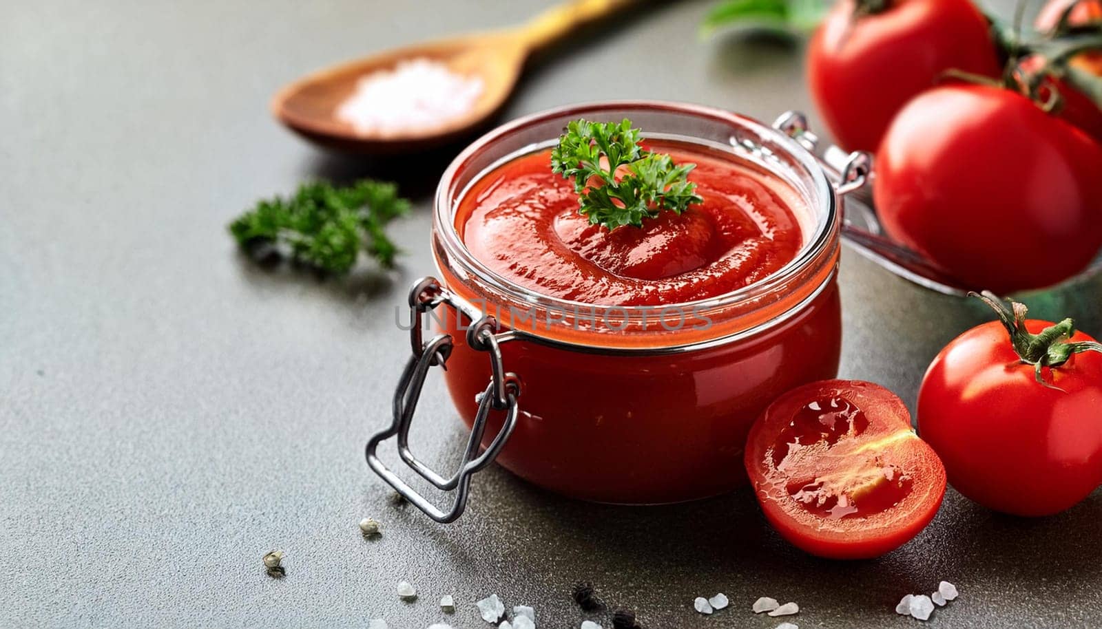 jar of red tomato puree with basil, AI generated image