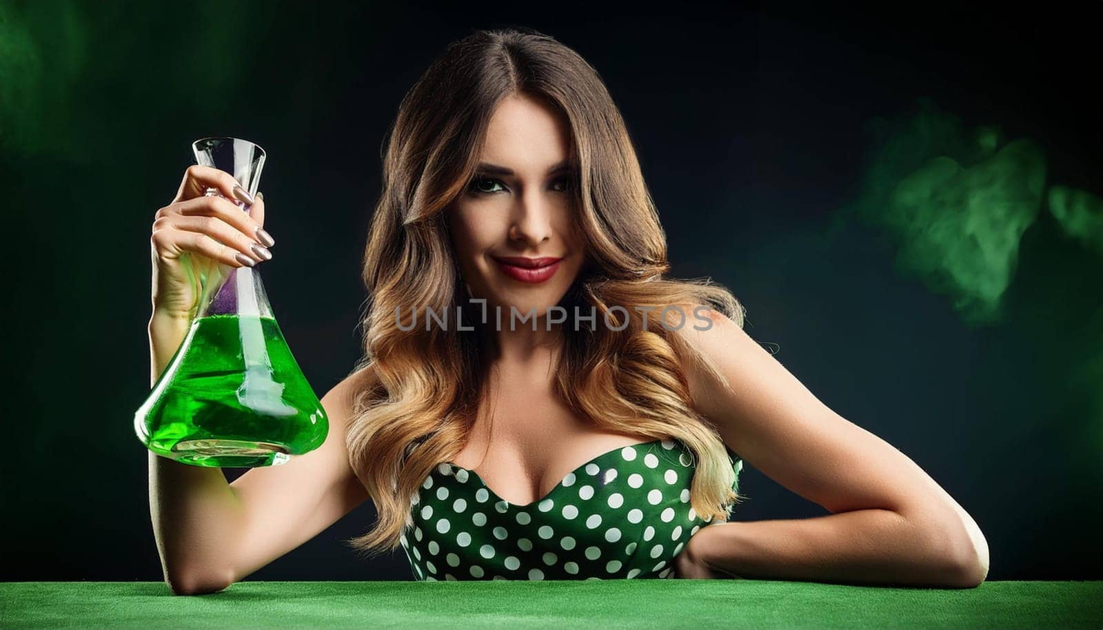 gorgeous young woman dressed in polka dots dress, AI generated image