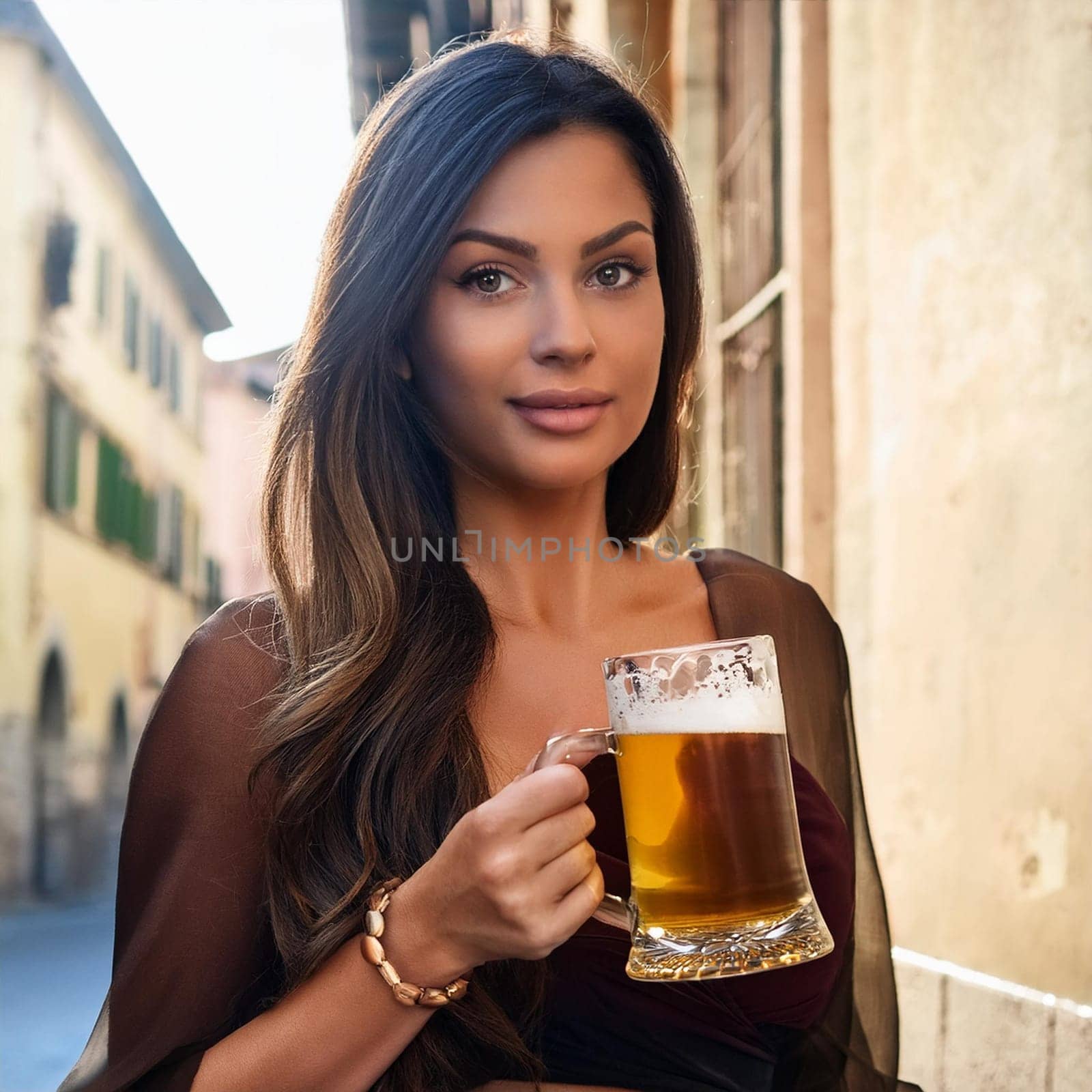 gorgeous young woman drinking beer, AI generated image