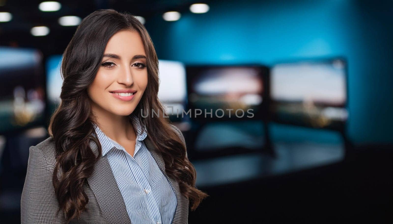 gorgeous female journalist in news tv studio, AI generated image