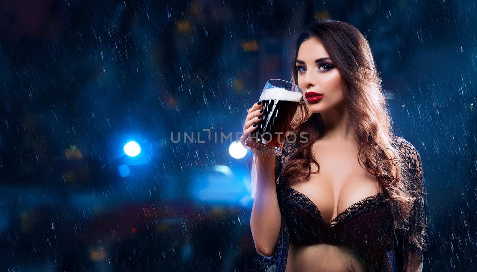 pretty young goth woman drinking dark beer, AI generated image