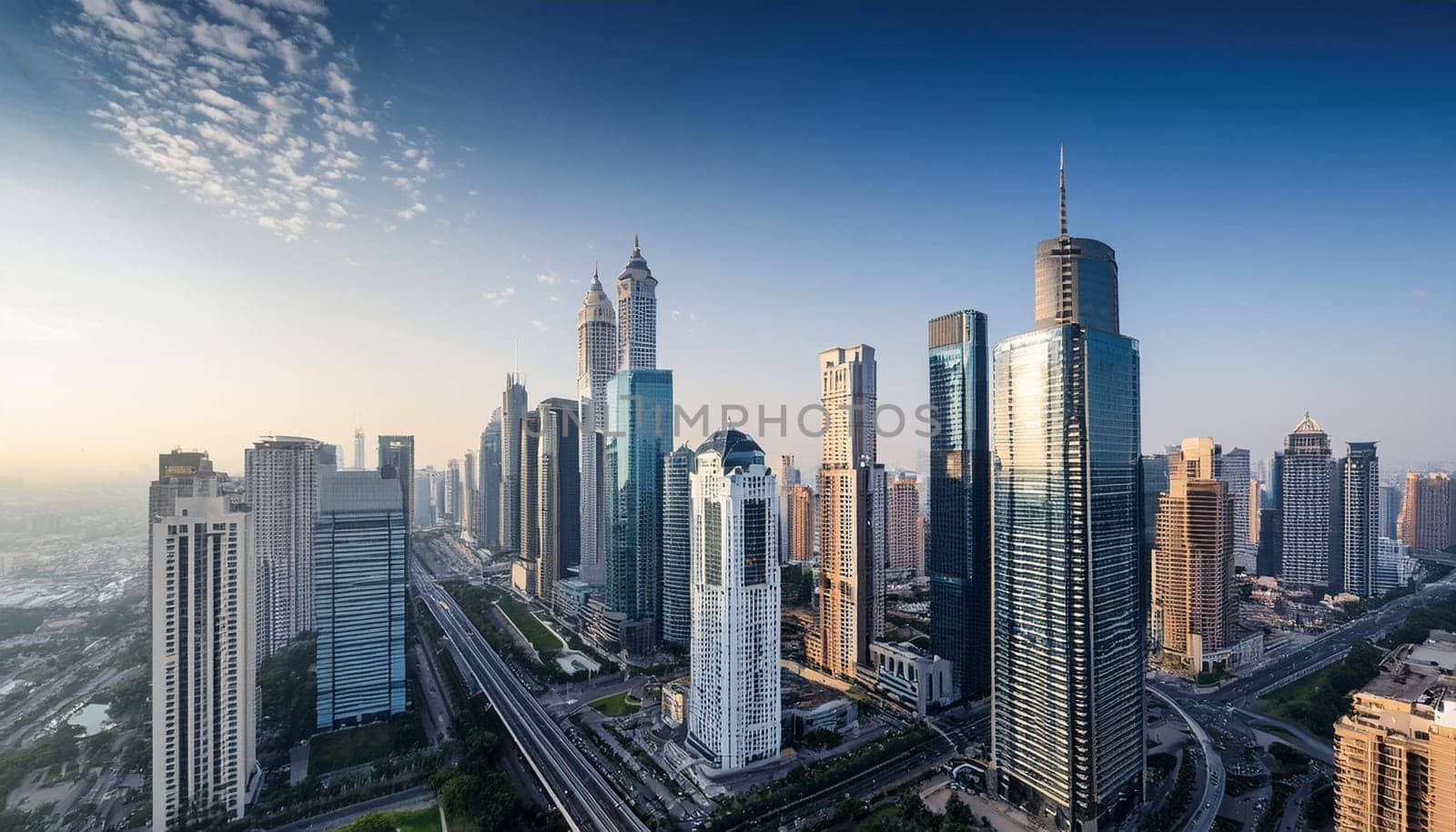 modern city skyline with skyscrapers, AI generated image