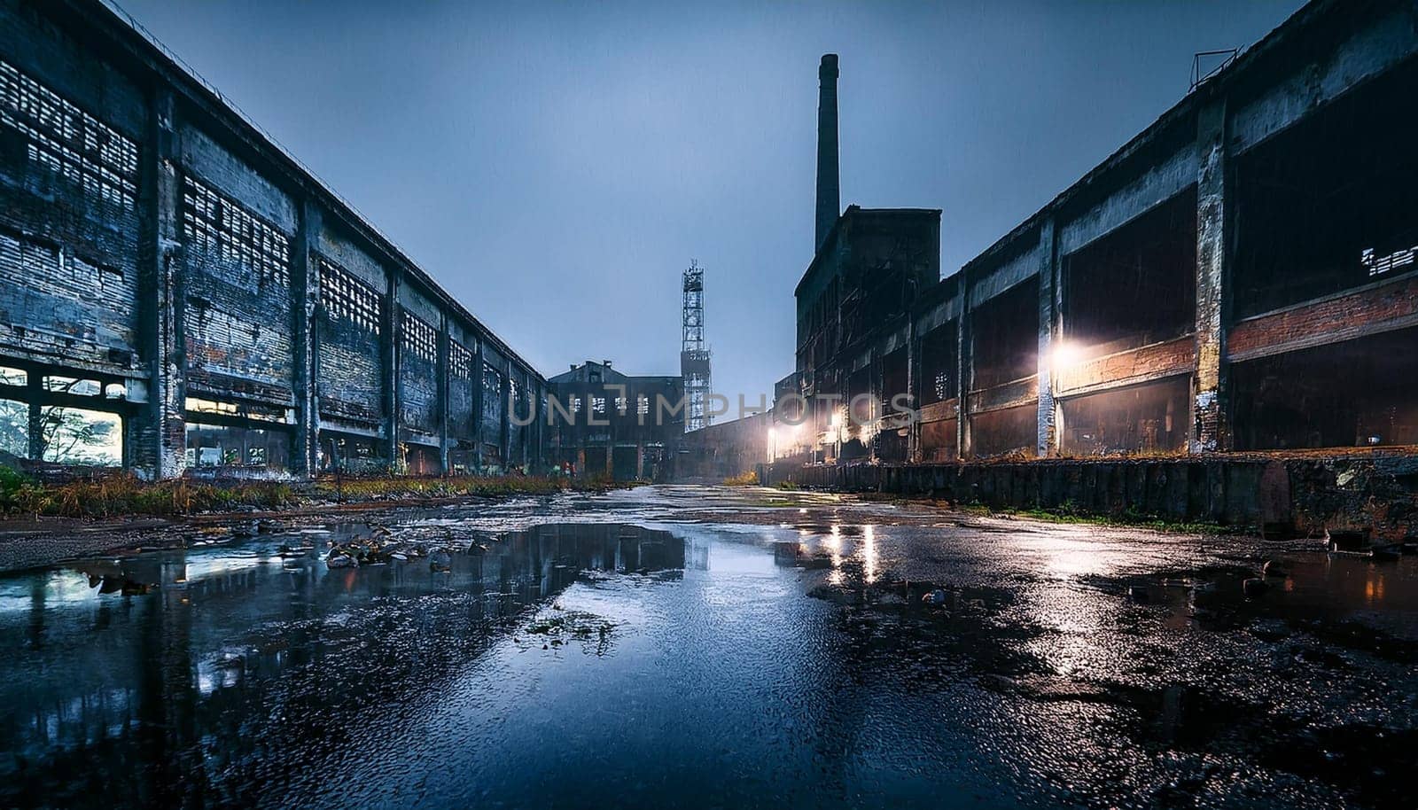 industrial ruins of abandoned factory, AI generated image