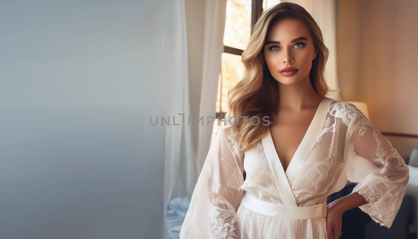 pretty young woman in a white night gown, AI generated image