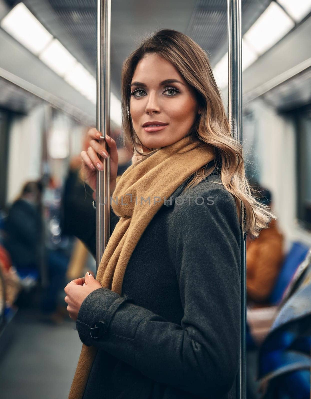 gorgeous young woman on subway train, AI generated image