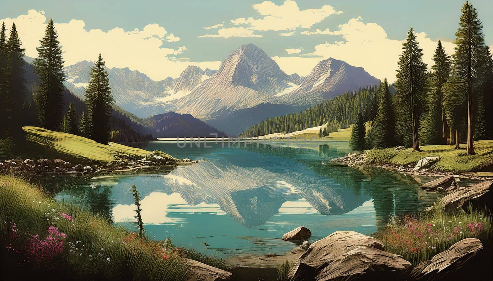 vintage alpine mountain lake scenery drawing, AI generated image