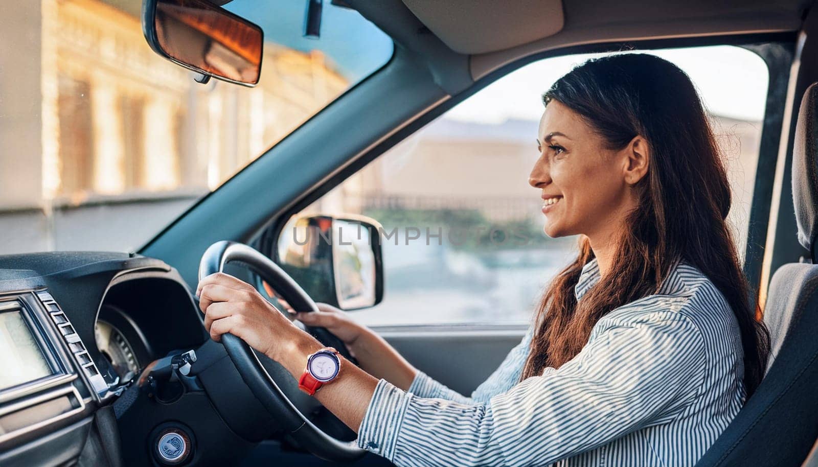 gorgeous young woman driving a van, AI generated image