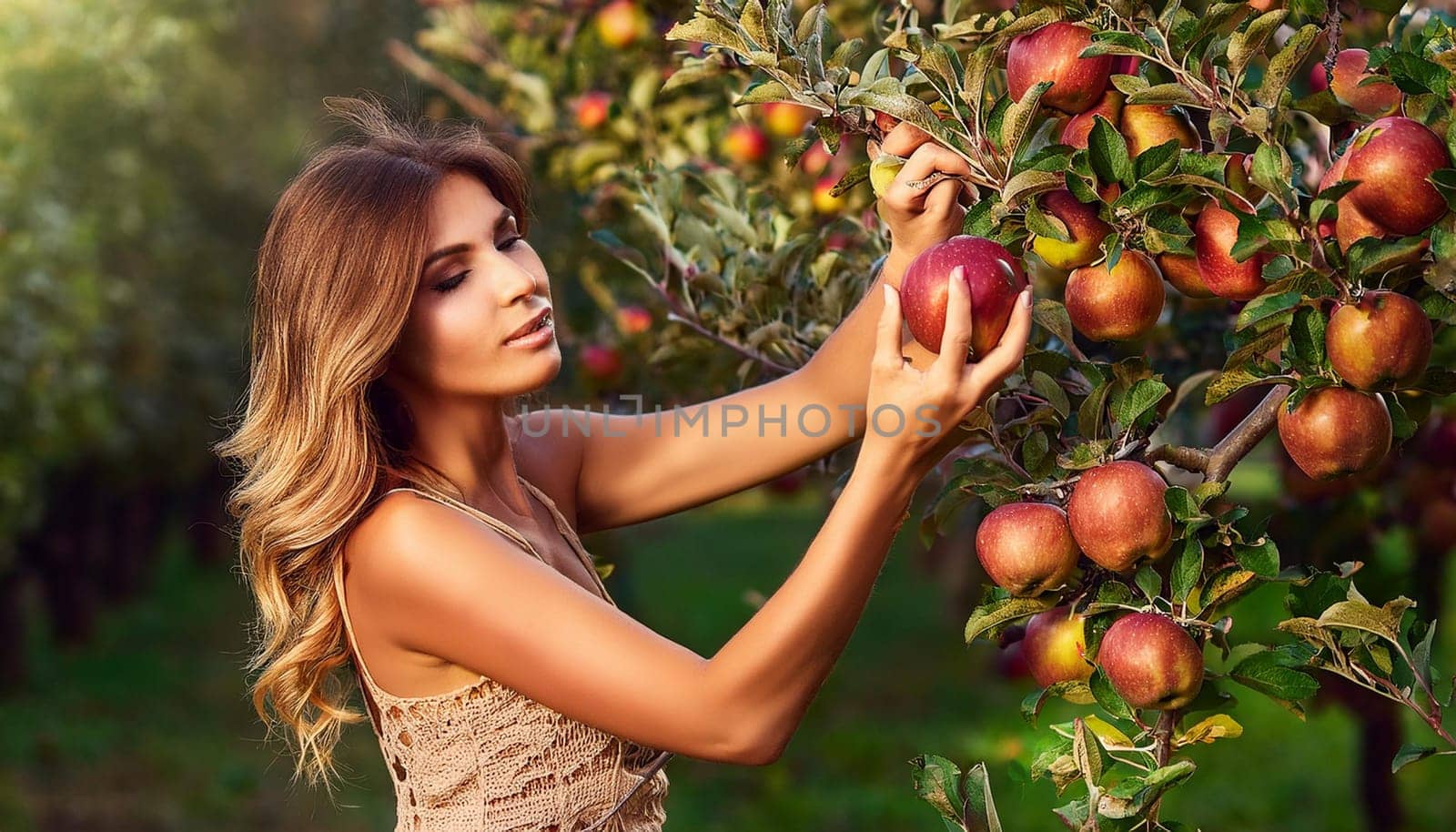 gorgeous young woman picking green apples from a tree, AI generated image