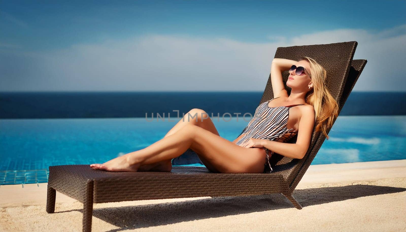 gorgeous young woman sunbathing on chase longue chair by the sea or pool, AI generated image