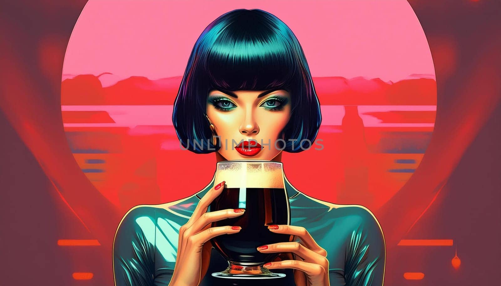 gorgeous woman bob haircut sixties retro futuristic style drinking beer pint, AI generated image