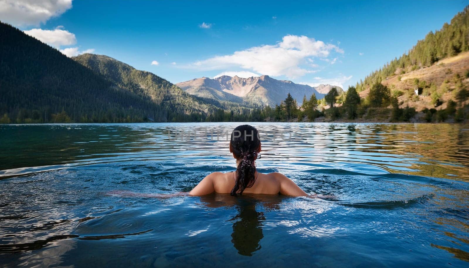 pretty young swimming woman in mountain lake, AI generated image