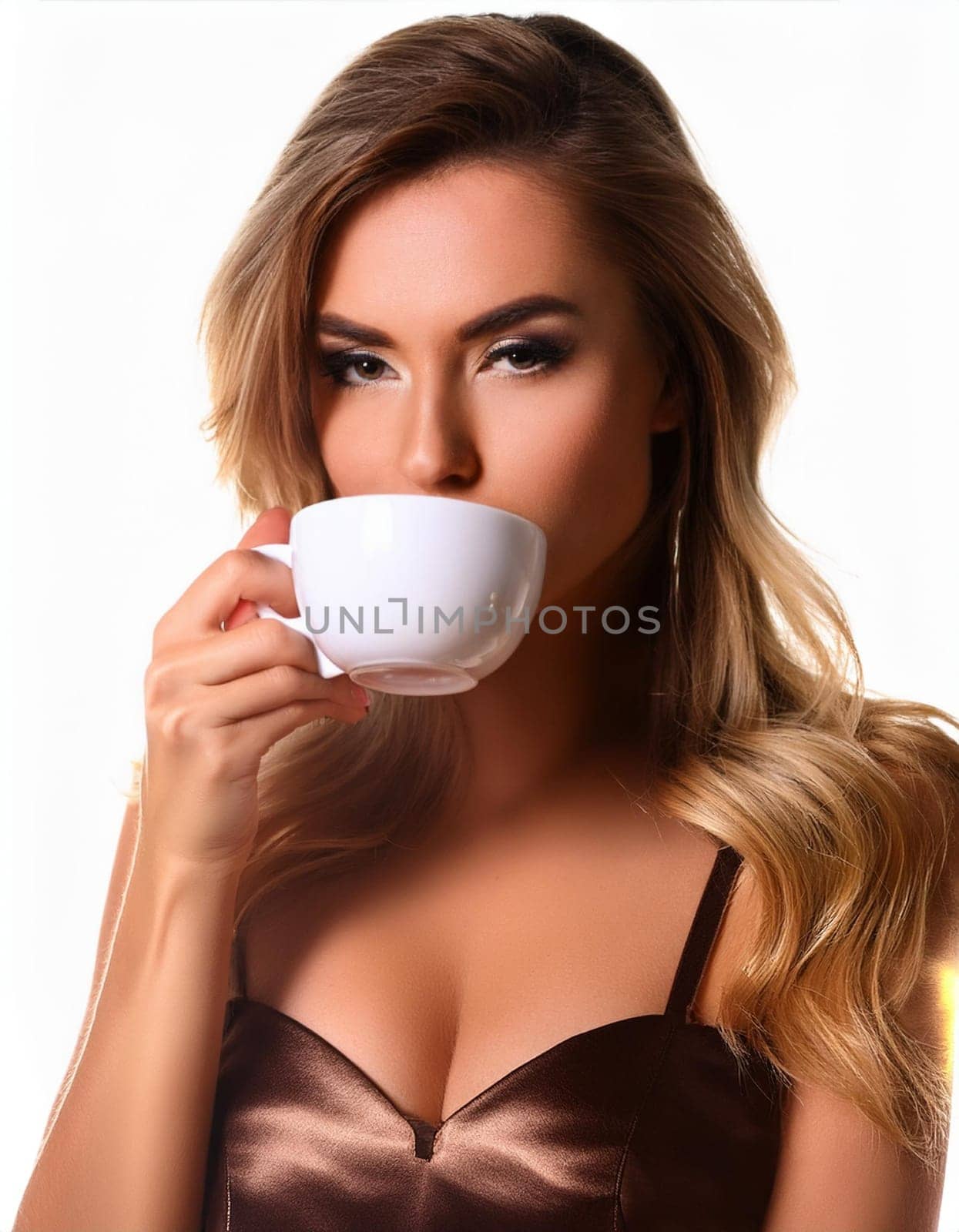 pretty young woman drinking coffee or tea, AI generated image