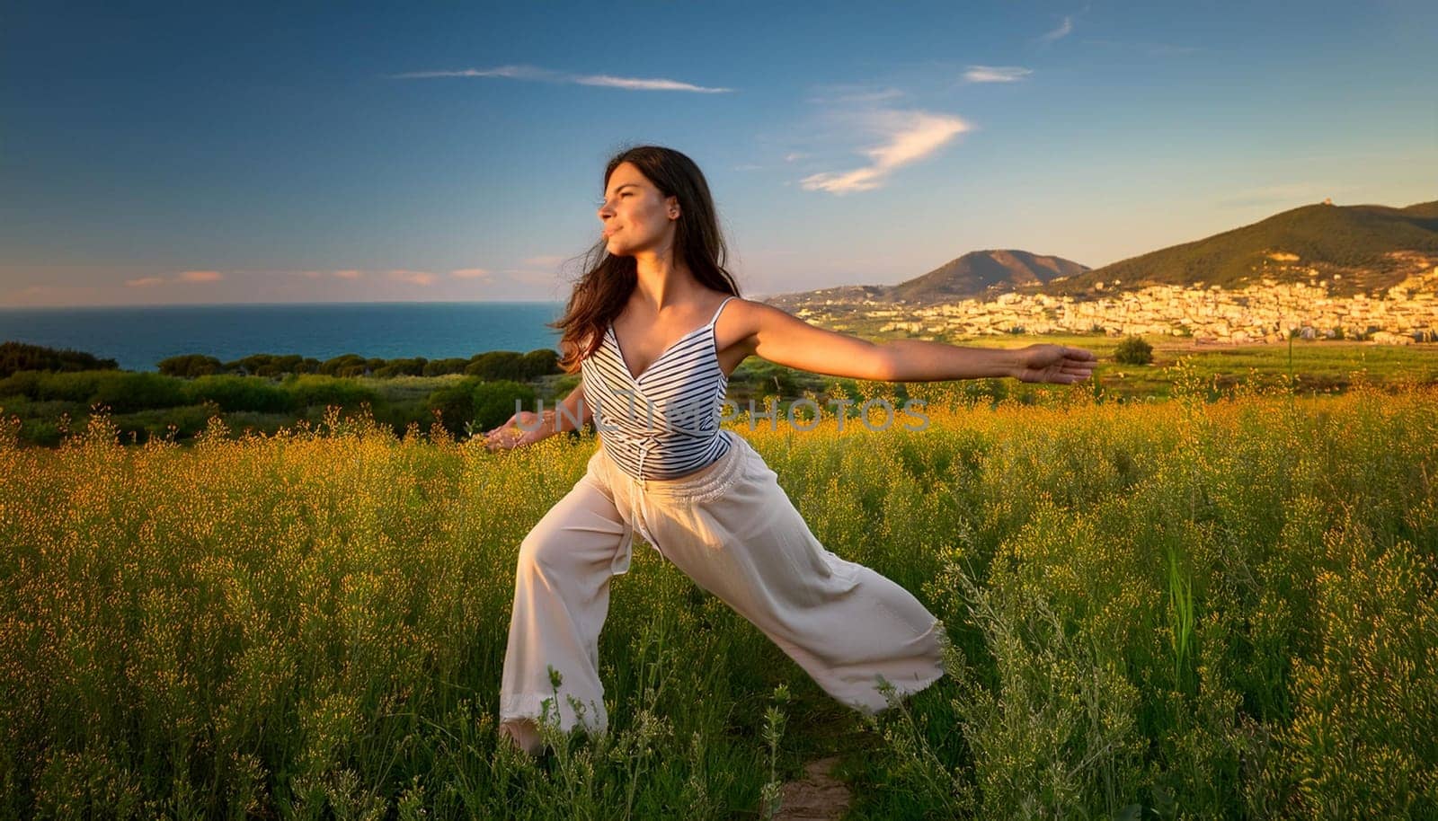 gorgeous young woman stretching, AI generated image