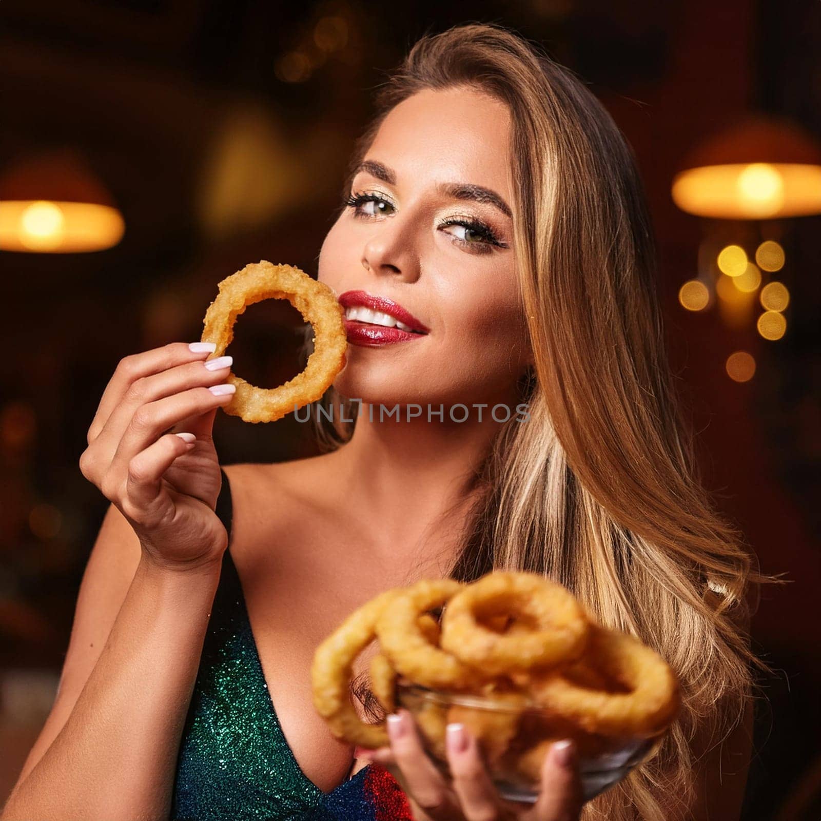 gorgeous young woman eating onion rings at pub, AI generated image