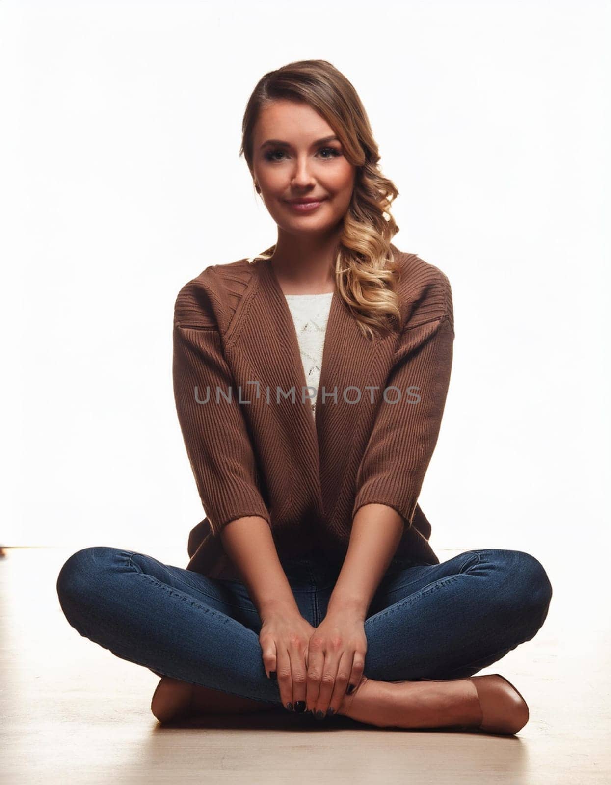 gorgeous young woman seated on the floor, AI generated image