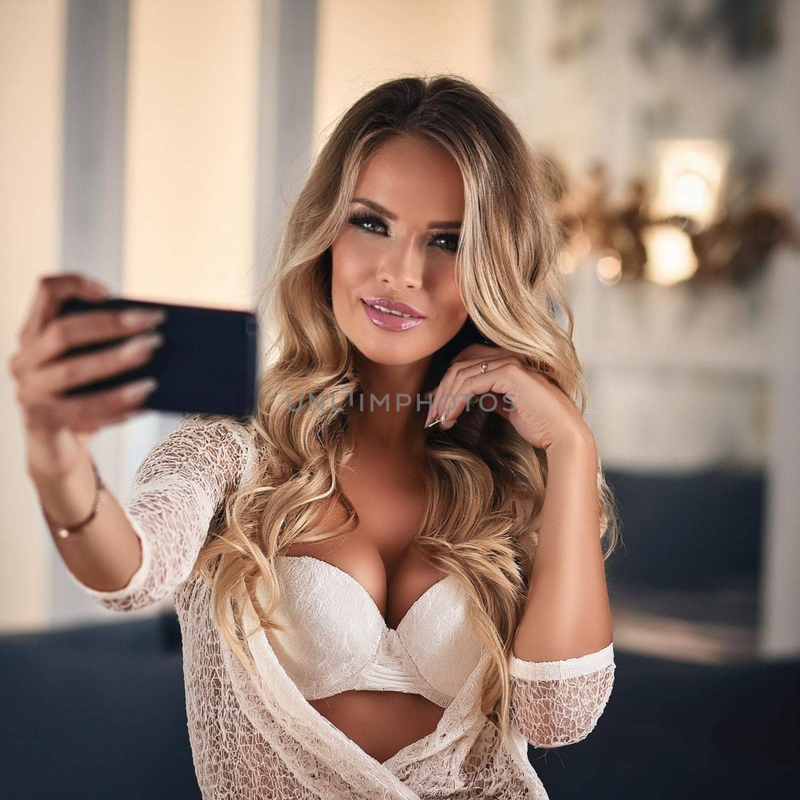 gorgeous young female influencer taking selfie, AI generated image
