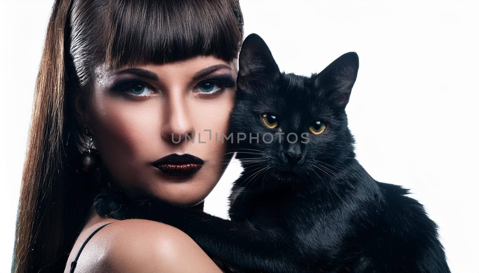 gorgeous young goth woman with black cat, AI generated image
