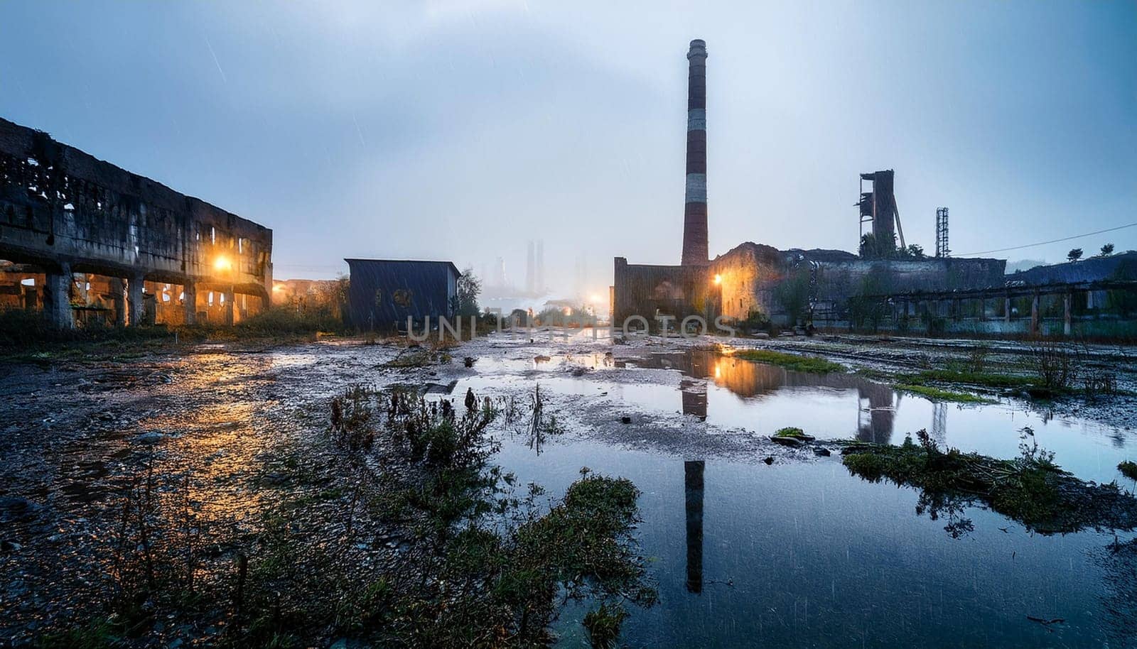 industrial ruins of abandoned factory, AI generated image