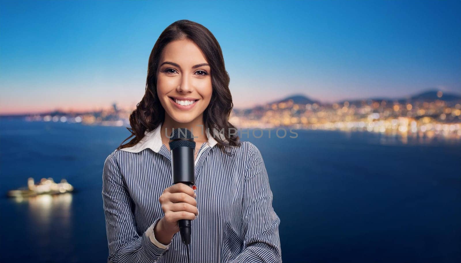gorgeous female journalist in news tv studio, AI generated image